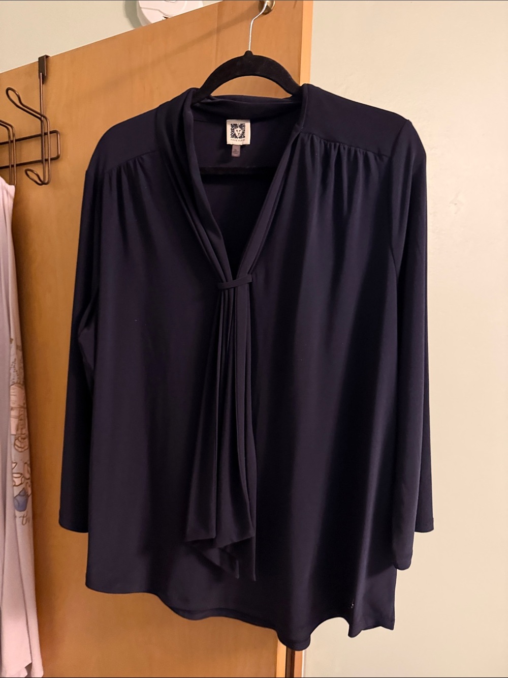 Anne Klein Navy Tie-Front Long Sleeve Blouse